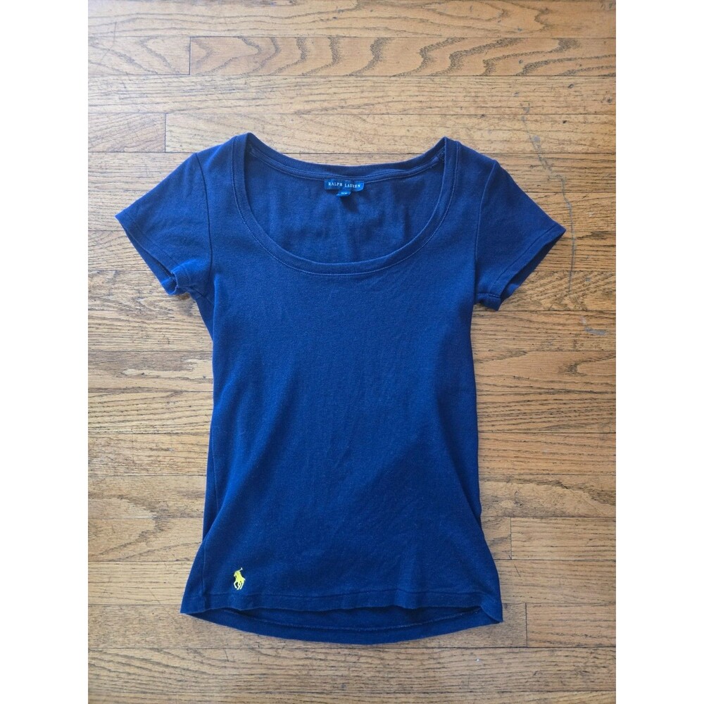 Vtg Ralph Lauren Blue Label Womens Short Sleeve Scoop Neck Navy Blue Tee